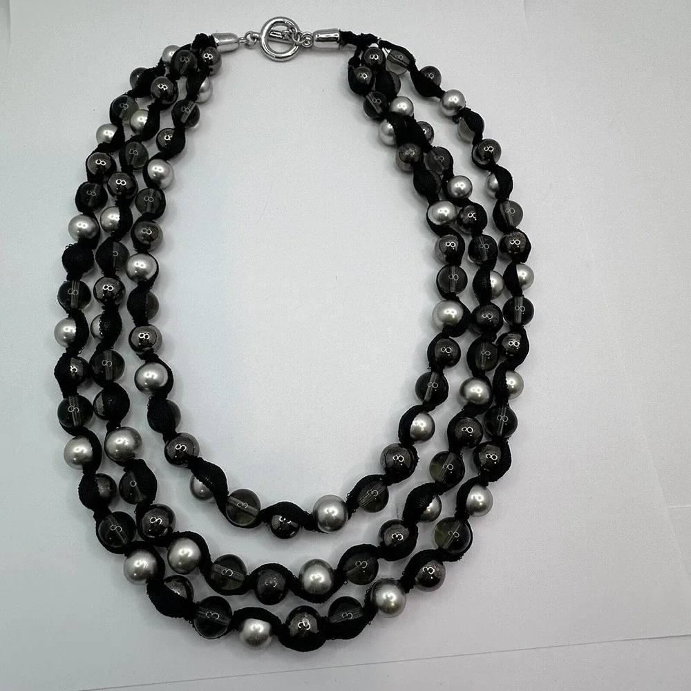 Triple Strand Black Fabric Cord Necklace Silver Smoke Grey Beaded Layered Toggle